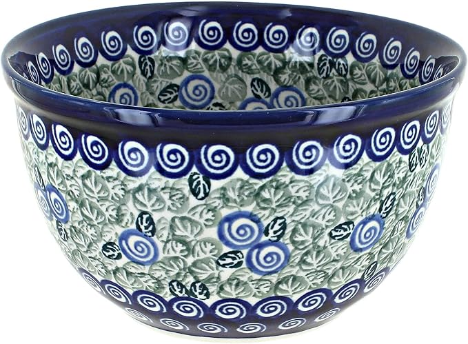 Blue Rose Polish Pottery - Green Seaside Swirl Small Mixing Bowl - 4 Cup Capacity - Polish Pottery Ceramic Bowl for Baking, Mixing & Serving