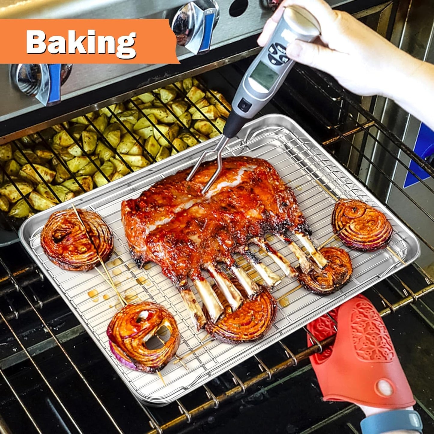 P&P CHEF Cooling Baking Rack Pack of 2, Stainless Steel Cooling Racks for Cooking Baking Roasting Grilling Drying, Dense Wires & Smooth Edge, Easy to clean, Silver, 16.6" x 11.5"