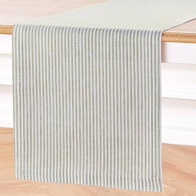 Solino Home Linen Table Runner 36 Inches - Narrow Stripe 100% Pure Linen Avocado and White Table Runner 14 x 36 Inch Ideal for Dresser and Coffee Tables - Winter, Christmas, New Year