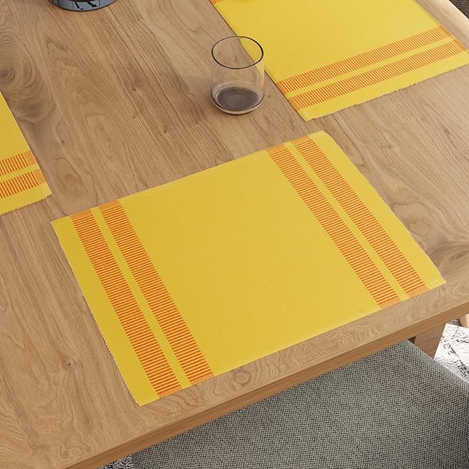 Encasa XO Dining Placemat Set of 6 | Solid Ladder Lemon Color | Fine Ribbed Cotton Table mat | Size 18x13 in |for Dining Table Fall Decoration, Holiday & Christmas Festivals - Machine Washable