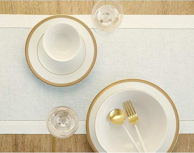 Solino Home Linen Ivory Table Runner 36 Inches - Classic Hemstitch, 100% Pure Linen Coffee Table Runner 14 x 36 Inch Ideal for Dresser Tables - Christmas, Holiday, New Year