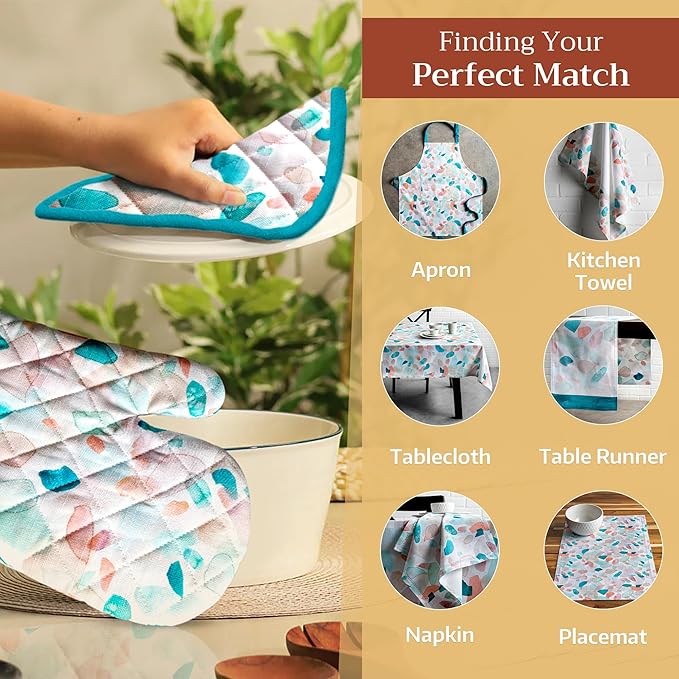 Maison d' Hermine 100% Cotton Oven Mitt & Pot Holder Set (7.5"x13" & 8"x8") Heat Resistant BBQ Cooking Gloves with Loop, Baking, Grilling, Kitchen, Handling Hot Pans Spring/Summer (Summer Picnic)