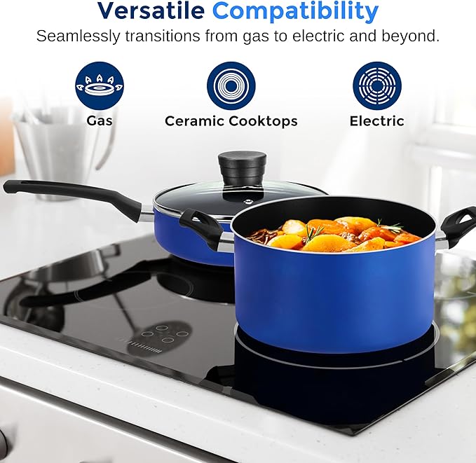 SereneLife 20-Piece Blue Cookware Set with Knives - Includes Multi-Sized Pots and Pans Set Non stick with Lids and Utensils, Heat Resistant, Dishwasher Safe