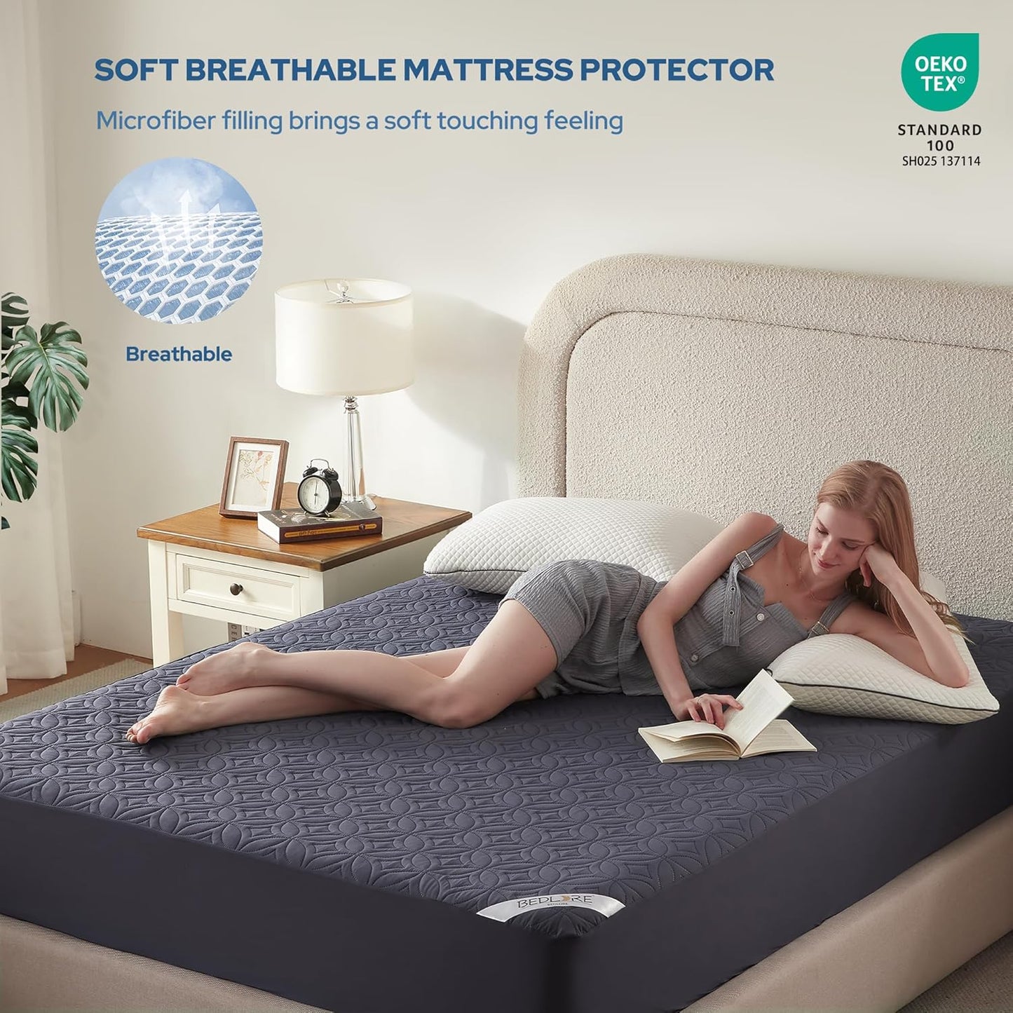 BEDLORE Waterproof Mattress Protector, King Size Mattress Pad with Deep Pocket 6"-18" Depth, Soft Dirt-Proof Double Bed Mattress Cover for Bedroom, College Dorm, Hotel (Navy Blue)