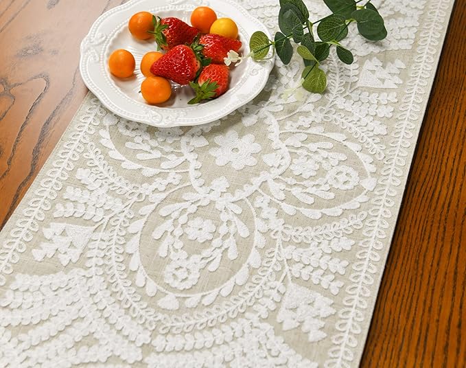 KEVA Boho Table Runner 110inches Long, Farmhouse Rustic Vintage White Embroidered Table Runners 13x110 Inch for Dining Table Decorations