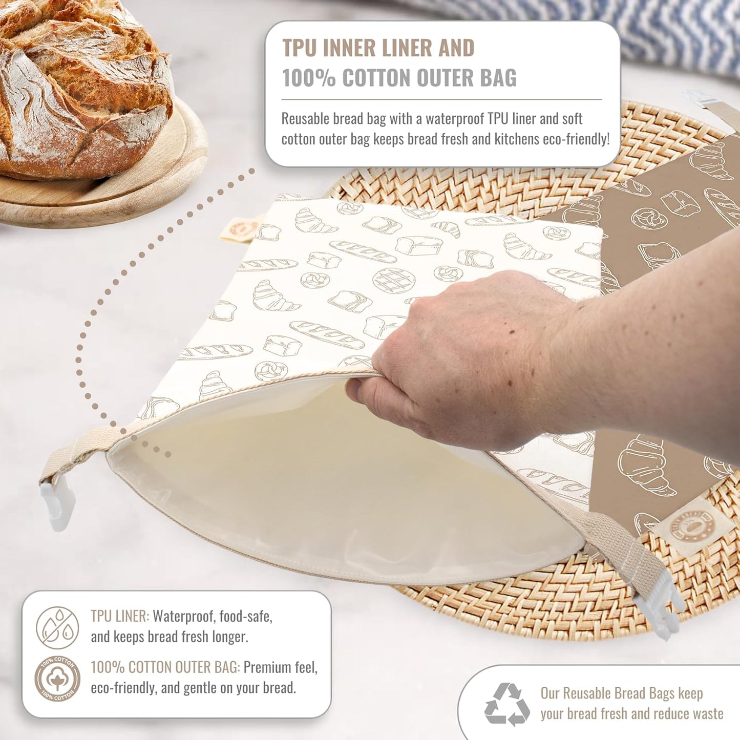 Cozy Bread® Reusable Bread Bag Set for Home Bakers | USA Brand | Charming Designs (Bread)