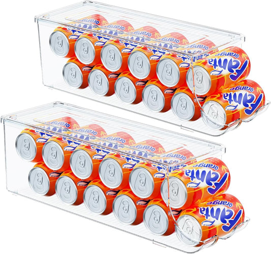 2 Pack Soda Can Organizer for Refrigerator, Stackable Canned Food Pop Cans Container Can Holder Dispenser with Lid for Fridge Rack Freezer, Clear Storage Bins-Holds 12 Cans Each (Clear)