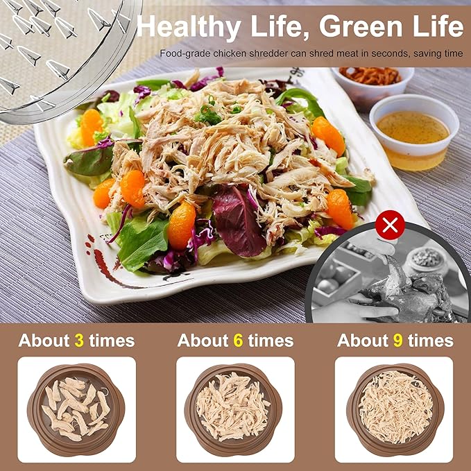 Chicken Shredder Large Chicken Breast Shredder Tool Twist with Brush&Fork, Visible Meat Shredder Machine, Anti-Slip Strip, Ergonomic Handle, BPA Free, Suitable for Pork Beef Chicken(Brown)