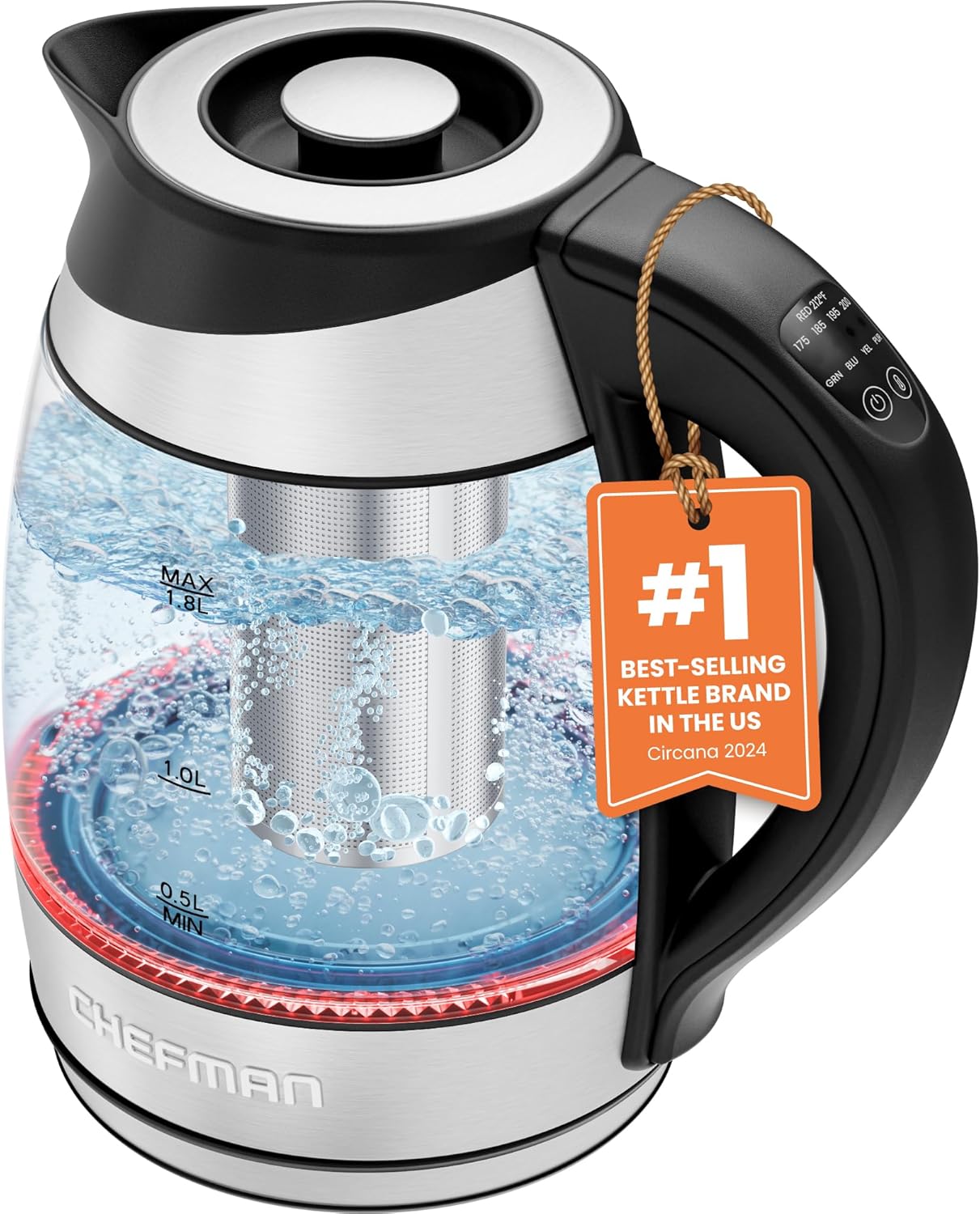 Chefman Electric Kettle with Temperature Control, 5 Presets LED Indicator Lights, Removable Tea Infuser, Glass Tea Kettle & Hot Water Boiler, 360° Swivel Base, BPA Free, Stainless Steel, 1.8 Liters