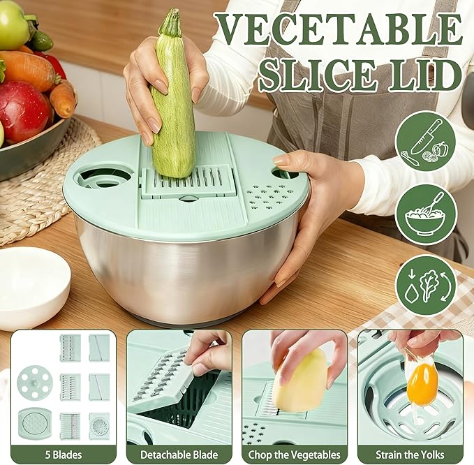 Unokit Stainless Steel Salad Spinner - Large Salad Spinner with Non-Slip Base and 5 Blade Slicers, Dishwasher Safe Lettuce Spinner for Efficient Salad Preparation and Food Washing in Kitchen