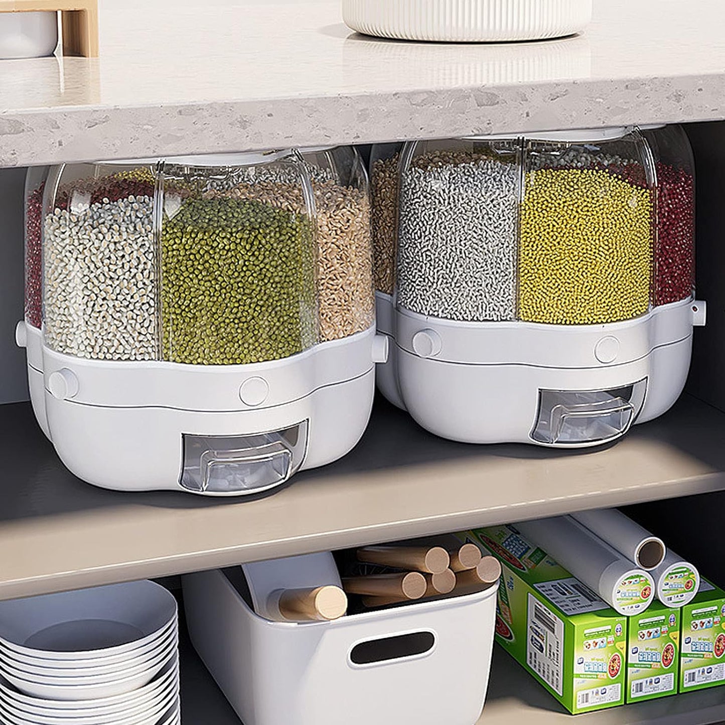 XIYAO 40lb Grain Storage Container, 360 Rotating Food Dispenser with Lid, Moisture Resistant Household, Airtight Storage for Black Rice, Yellow Rice and Small Beans