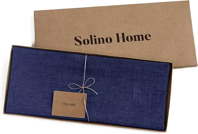 Solino Home Linen Table Runner 60 Inches - 100% Pure Linen Chambray Navy Table Runner 14 x 60 Inch Ideal for Dresser and Coffee Tables - Christmas, Holiday, New Year - Athena
