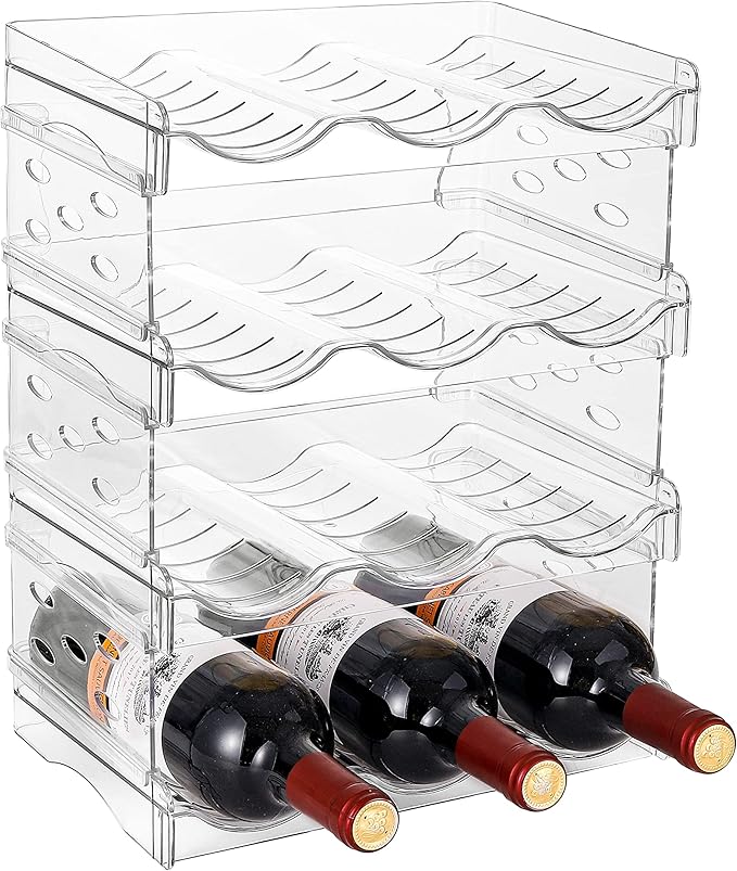 IEEK 4 Pack Stackable Wine and Water Bottle Holder Free-Standing Fridge Wine Bottle Organizers Clear Plastic Water Bottle Holder for Cabinet,Refrigerator,Pantry,Kitchen Countertops,Holds 12 Bottles