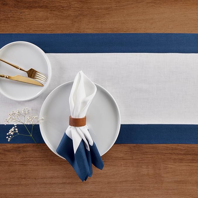 Solino Home Linen Table Runner 48 Inches - 100% Pure Linen Indigo Blue and White Table Runner 14 x 48 Inch Ideal for Dresser and Coffee Tables - Contempo