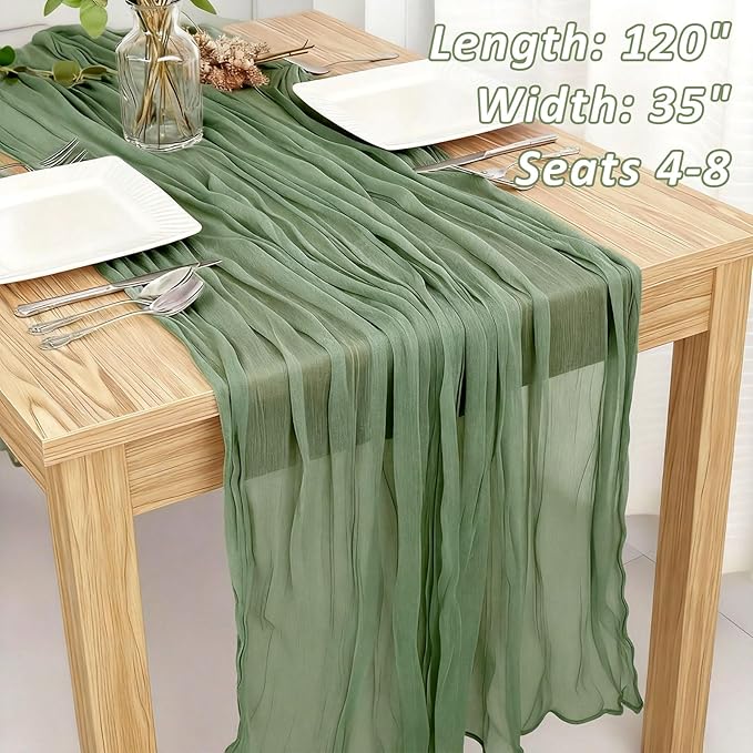 Sage Green Table Runner, 120 Inch 10 FT Boho Rustic Cheesecloth Gauze, Farmhouse Centerpieces Decor for Wedding Spring Easter Baby Bridal Shower Party Decoration, 1 Pack