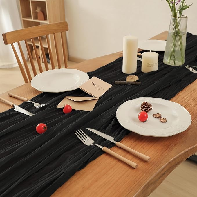 Leetaltree 10 Pack Black Cheesecloth Table Runner, 35x120 Inch Boho Rustic Cheese Cloth Table Runner, Decorative Table Runners for Bridal Baby Shower Decorations or Wedding Table Decorations