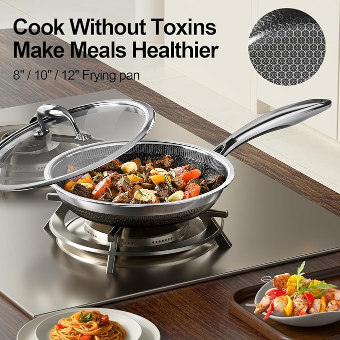 Fogdream 8” Non Stick Frying Pans, Stainless Steel Skillet with Lid, Tri-Ply Stainless Steel for All Cooktops, Dishwasher and Oven-Safe Cooking Pan, Stay-Cool Handle, Silver