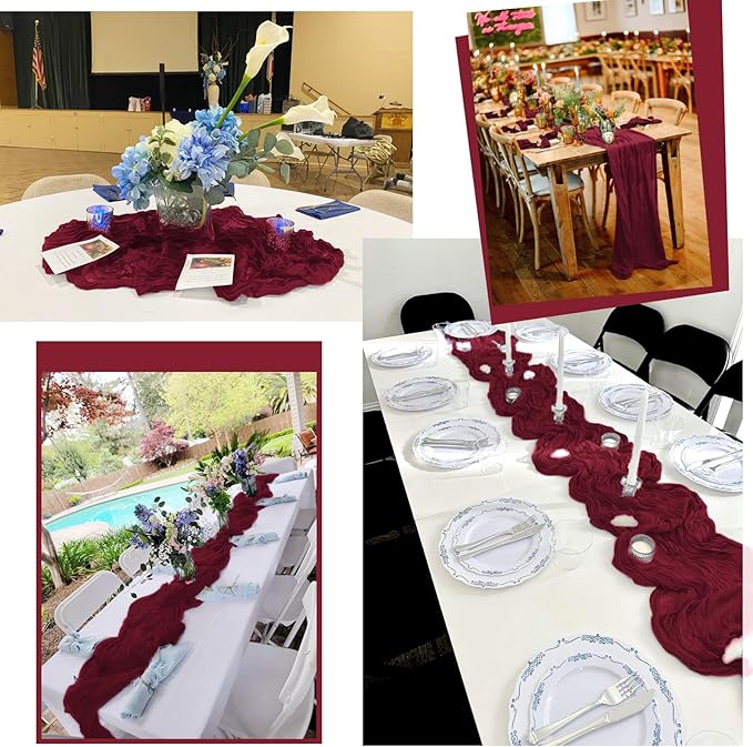 12 Pack Burgundy Table Runners 10Ft Cheesecloth Table Runner Rustic Gauze Table Runner Romantic Long Sheer Fabric Cheese Cloth Table Runner for Wedding Party Bridal Baby Shower