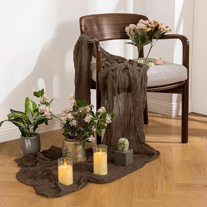 Leetaltree 10 Pack Brown Cheesecloth Table Runner, 35x120 Inch Boho Rustic Cheese Cloth Table Runner, Decorative Table Runners for Bridal Baby Shower Decorations or Wedding Table Decorations