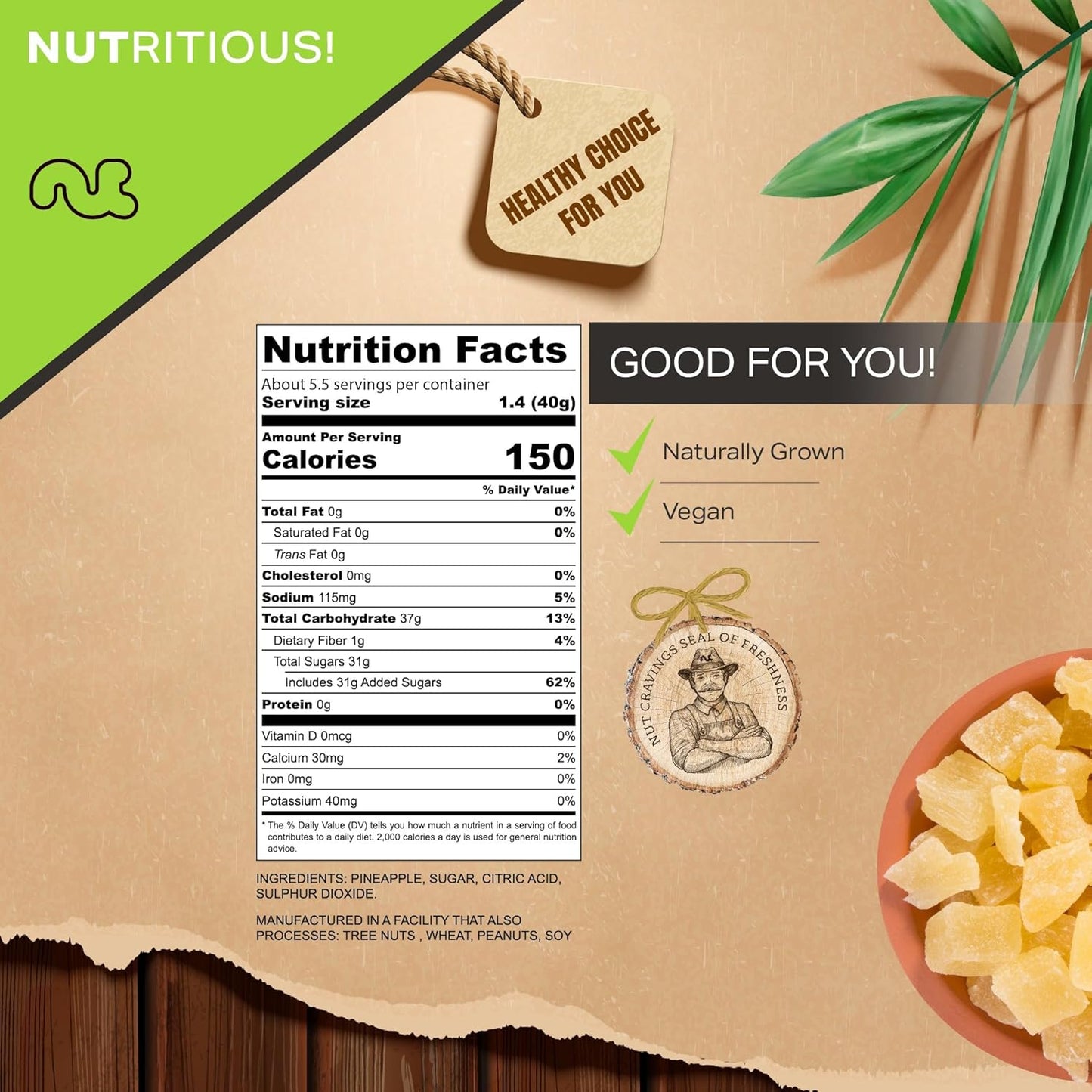 NUT CRAVINGS - Sun Dried Pineapple Chunks, Lightly Sweetened (8oz, 1 Pack) Bulk Dry Fruits Packed Fresh in Resealable Bag - Sweet Healthy Snack, Naturally Grown, Vegan, Kosher