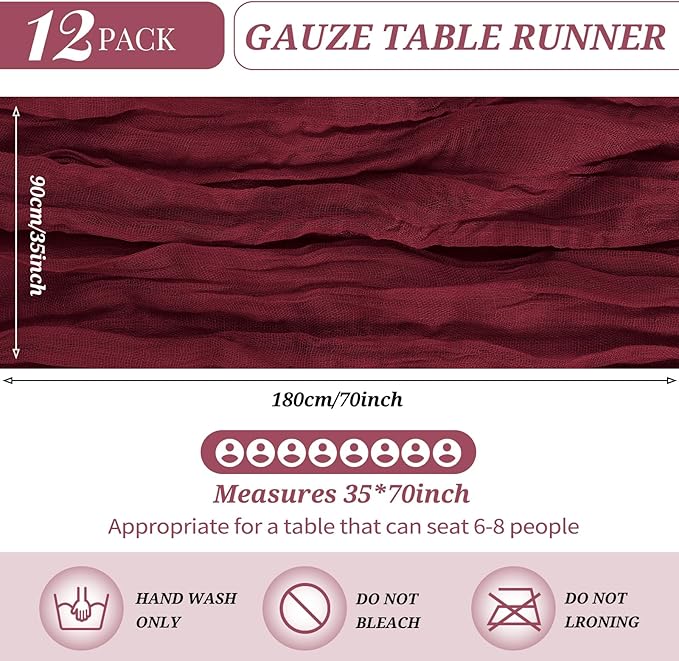 12 Pack Cheesecloth Table Runner 35 x 70 inch Long Boho Cheese Cloth Gauze Table Runners Semi Sheer Table Runner for Wedding Decor, Bridal Shower, Birthday Party (Burgundy)