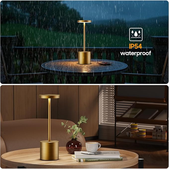 Cordless Table Lamps Rechargeable - Outdoor Waterproof LED Table Light Portable 5000mAh Battery Operated Lamp 3 Color Stepless Dimming with Memory Function for Restaurant Dining Patio Gold
