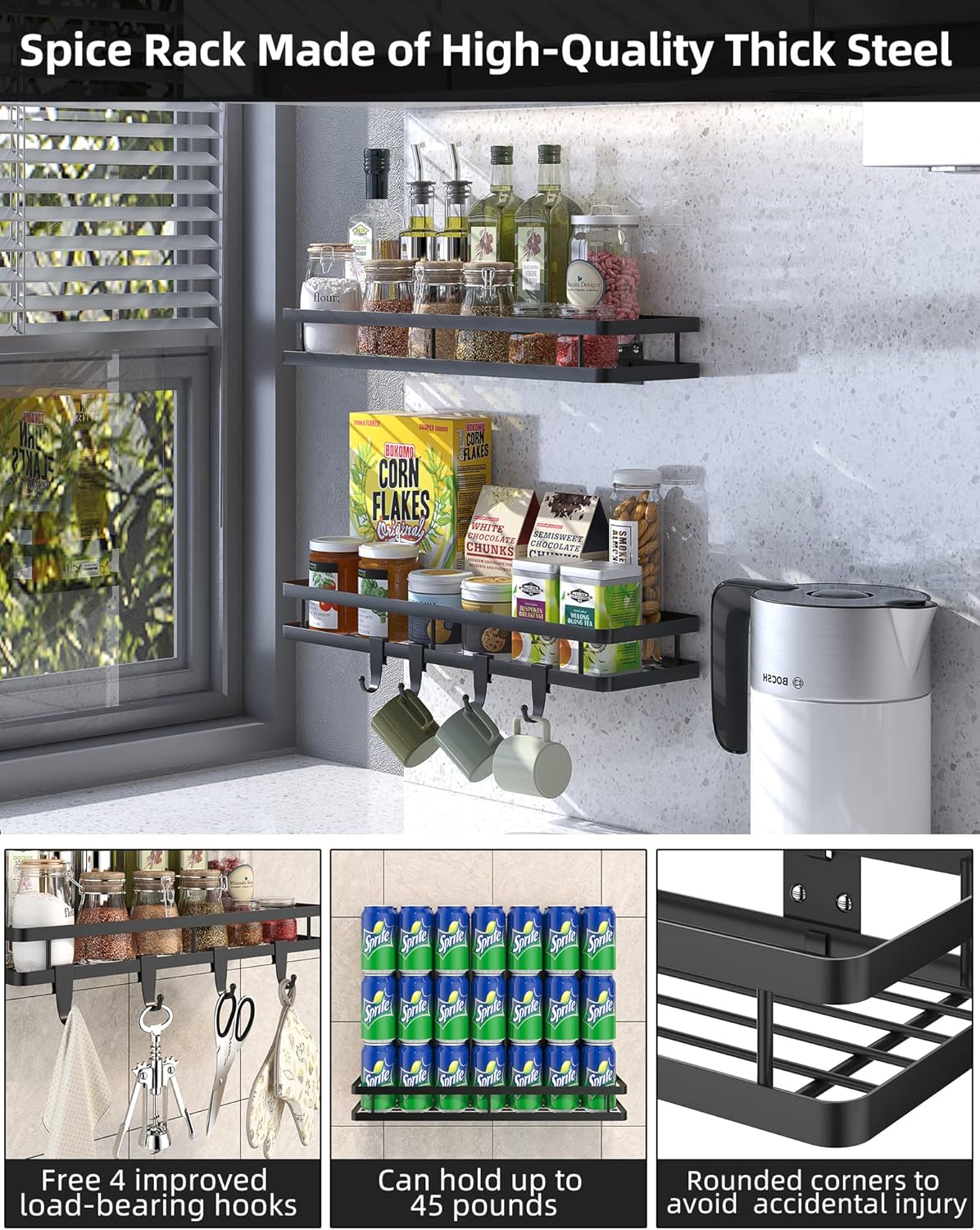 Spice Rack Organizer Wall Mount - 15.7in 2Pack [Upgraded Version] Hanging Seasoning Organizer Shelf with Paper Towel Holder, Storage for Cabinet or Wall Mounted with 4 Strong Hooks (Simple black)