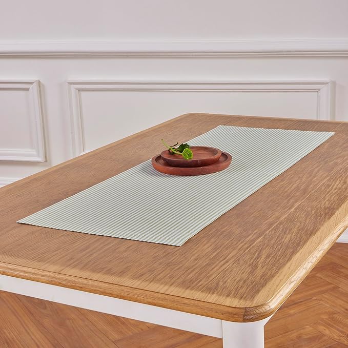 Solino Home Linen Table Runner 72 Inches Long - Narrow Stripe, 100% Pure Linen Avocado and White Table Runner 14 x 72 Inch for Dining, Dresser, Winter, New Year, Christmas