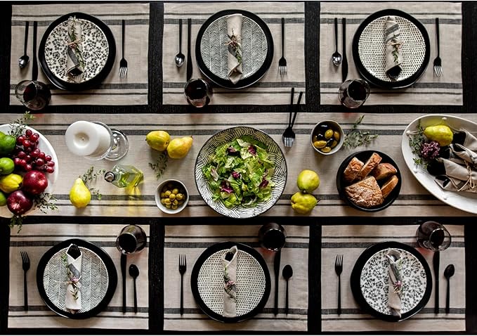 Solino Home Linen Table Runner 144 Inches Long - 100% Pure Linen Black and Natural French Stripe Table Runner 14 x 144 Inch for Dining