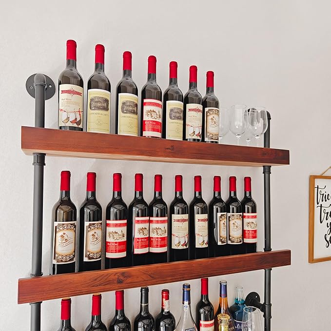 Industrial Wine Rack Wall Mounted, Industrial Pipe Bar Shelf for Wine Display, 5-Tier Rustic Hanging Organizer for Wine Bottle Storage in Kitchen, Bar, Pub, Cellar(Walnut Brown, 36 Inch)