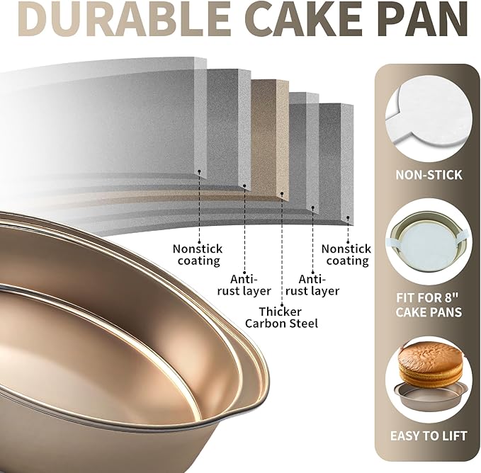 8-Inch Cake Pan Set of 3, Nonstick Round Baking Pans with 50PCS Parchment Papers, Durable Birthday Circle Pan with Handle for Multi-Layer Cakes, Dishwasher Safe