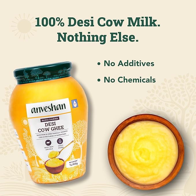 Anveshan Cow Ghee 1 Litre | Gut friendly | Keto friendly | High smoke point | Sustainably sourced | Casein free | Clarified Butter | Grass-Fed | Pasture-Raised