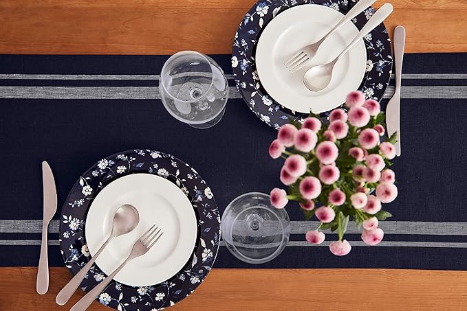 Solino Home Linen Table Runner 90 Inches Long - French Stripe, 100% Pure Linen White and Navy Farmhouse Table Runner 14 x 90 Inch Ideal for Dining, Christmas, Holiday, Winter, New Year