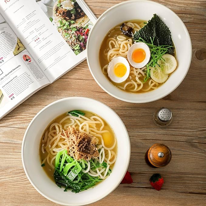 Serving Bowls Set of 2, 9 Inch Large Ceramic Mixing Bowls for Kitchen, Perfect for Salad Pasta Soup Pho Popcorn Baking Cooking, Ideal for Daily Meals Party Dinner Entertaining, White