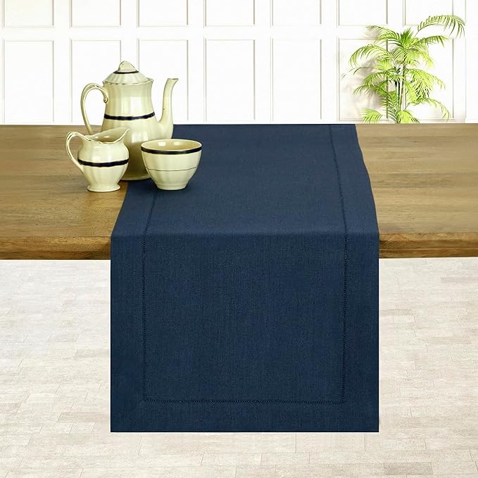 D'Moksha Homes Linen Navy Blue Table Runner 60 Inches - Classic Hemstitch, 100% Pure Linen Coffee Table Runner 14 x 60 Inch Ideal for Dresser Tables - Winter, Christmas, Holiday, New Year