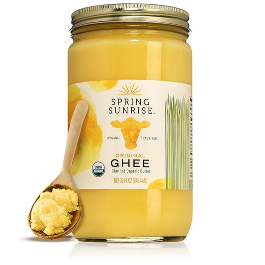 Spring Sunrise Grass Fed Organic Ghee - USDA Certified Clarified Butter - Keto & Paleo Friendly, Non-GMO, Gluten & Casein Free Cooking Oil - Sustainably Sourced - 32 oz Jar