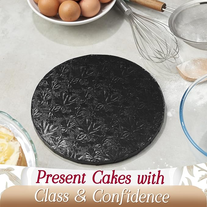 Cakebon Cake Boards - Sturdy 1/2 Thick Drums - 12 Inch Professional Fully Wrapped Edges Black 6-Pack