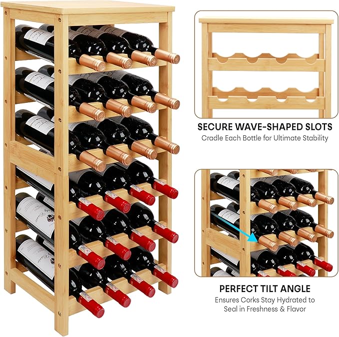 Wine Rack Free Standing Floor, 6-Tier 24 Bottles Display Wine Storage Shelves with Table Top, Easy-Assembly Freestanding Bamboo Wine Racks for Kitchen Dining Room Bar, Natural