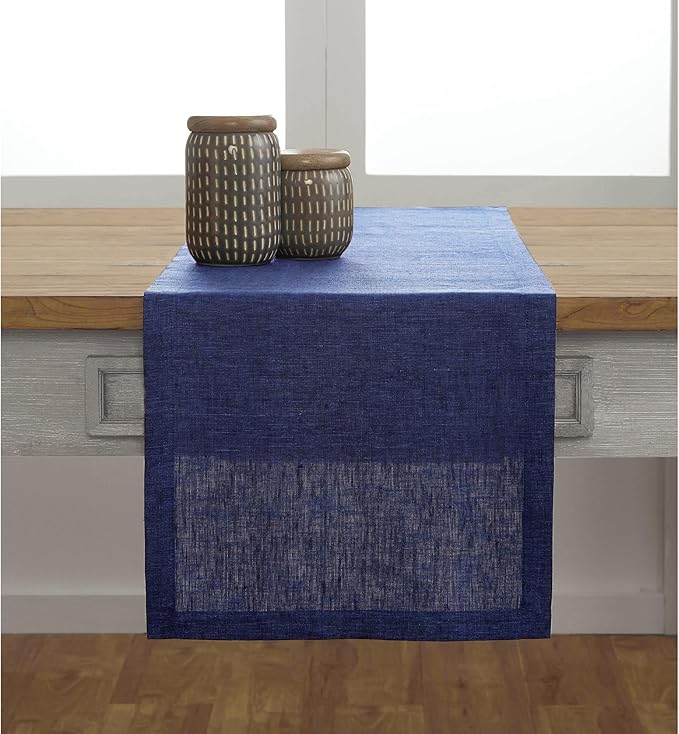 Solino Home Linen Table Runner 60 Inches - 100% Pure Linen Chambray Navy Table Runner 14 x 60 Inch Ideal for Dresser and Coffee Tables - Christmas, Holiday, New Year - Athena