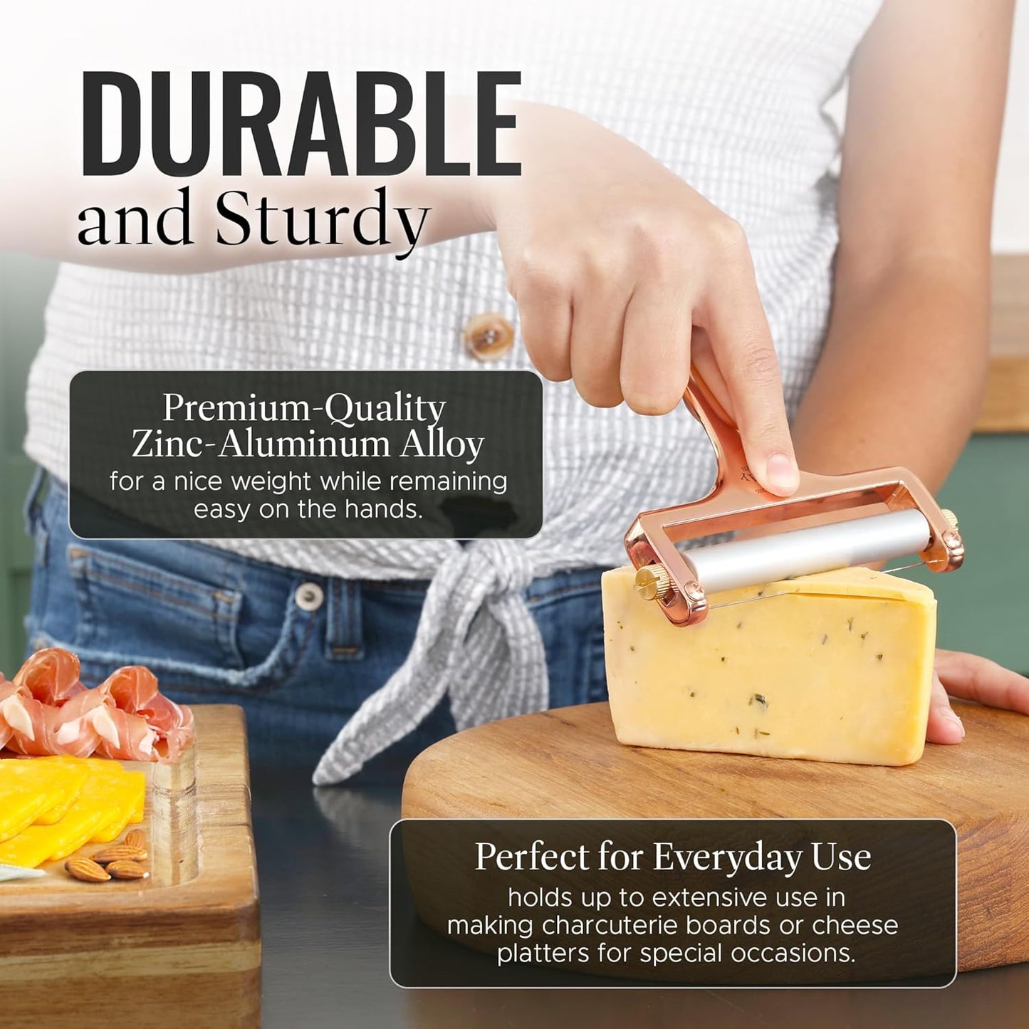 Zulay Adjustable Cheese Slicer - Wire Slicer for Mozzarella, Cheddar, Gouda - Heavy Duty With 2 Extra Wires (Rose Gold)