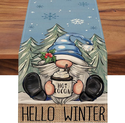 Seliem Hello Winter Blue Gnome Table Runner, Pine Tree Snowflake Hot Cocoa Farmhouse Kitchen Dining Table Decor, Christmas Holiday Rustic Home Decoration Indoor Outdoor Party Supply 13 x 36 Inches