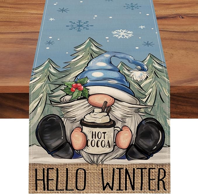 Seliem Hello Winter Blue Gnome Table Runner, Pine Tree Snowflake Hot Cocoa Farmhouse Kitchen Dining Table Decor, Christmas Holiday Rustic Home Decoration Indoor Outdoor Party Supply 13 x 90 Inches