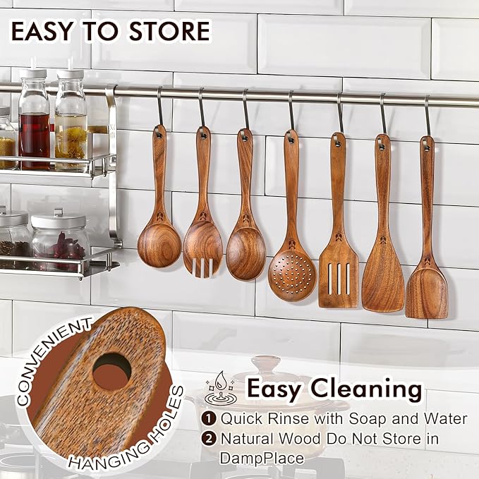 Wooden Spoons for Cooking, 9 Pcs Natural Teak Wooden Utensil Set with Spoon Rest, Comfortable Grip Wooden Cooking Utensils Set with Holder for Nonstick Cookware, Sturdy, Lightweight & Heat Resistant