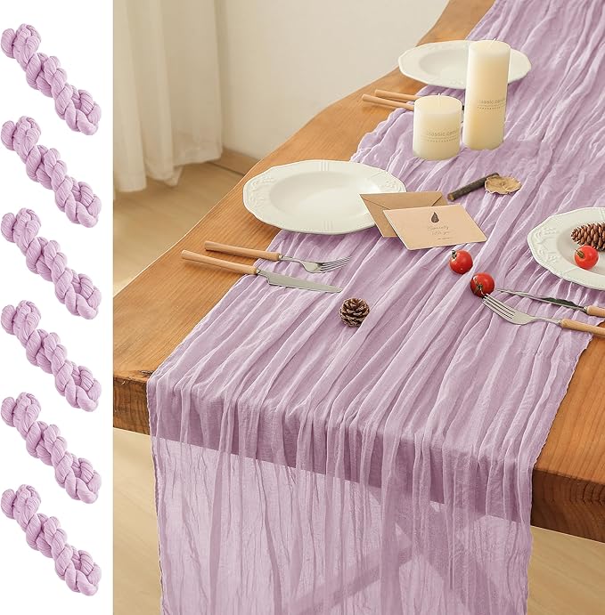 Leetaltree 6 Pack Lilac Cheesecloth Table Runner, 35x120 Inch Boho Rustic Cheese Cloth Table Runner, Decorative Table Runners for Bridal Baby Shower Decorations or Wedding Table Decorations