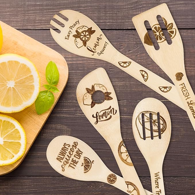 Eartim Wooden Cooking Spoon Utensil - 5Pcs Summer Lemon Cooking Serving Bamboo Spatula Mixing Spoon Kitchen Utensil Set Non Stick Cookware Heat Resistant Comfort Grip Dishwasher Safe Birthday Gifts