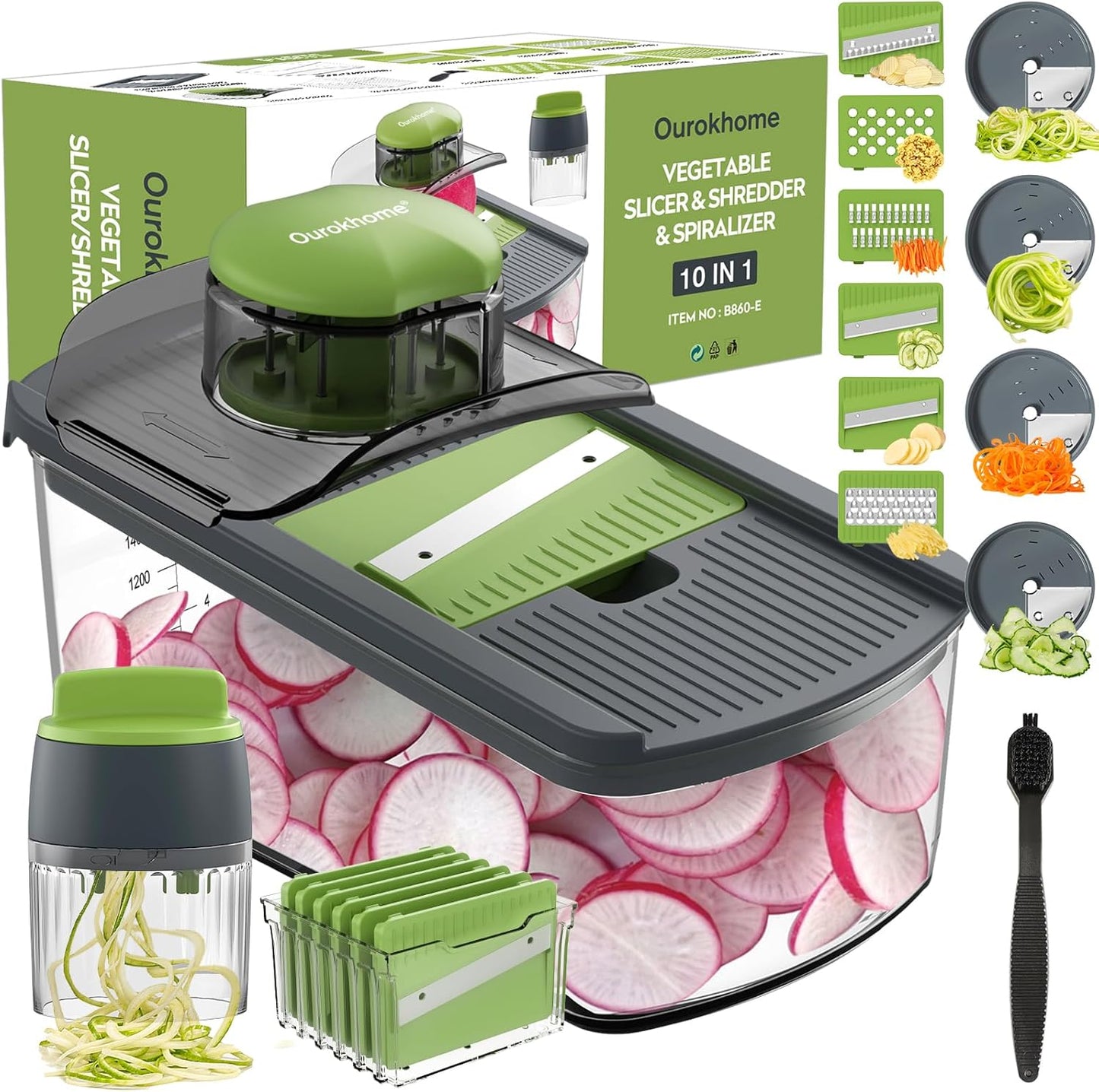 Ourokhome Mandolin Slicer with Handheld Spiralizer, Hand Safe Vegetable Shredder with 6 Mandoline Blades, Veggie Waffle Cutter for Potato, Carrot, Zucchini, Essential Kitchen Gadgets (10 in 1, Gray)