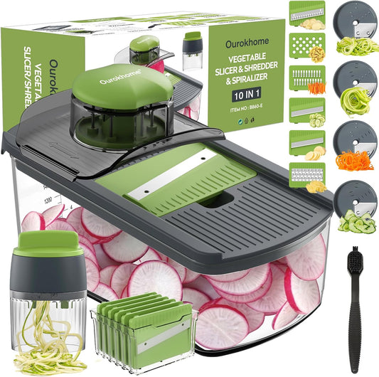 Ourokhome Mandolin Slicer with Handheld Spiralizer, Hand Safe Vegetable Shredder with 6 Mandoline Blades, Veggie Waffle Cutter for Potato, Carrot, Zucchini, Essential Kitchen Gadgets (10 in 1, Gray)