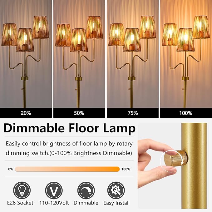 9MMML Gold Farmhouse Boho Dimmable Floor Lamp with Rattan Shade, 68'' Tall Floor Standing Lamp, 3-Light Floor Lamp for Living Room, Bedroom, Office, Corner