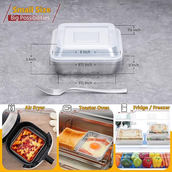 E-far 6 x 6-Inch Square Baking Pan with Lid, Small Stainless Steel Cake Brownie Pans Trays Dishes for Toaster Oven Air Fryer, Healthy & Dishwasher Safe - Set of 2(2 Pans + 2 Lids)