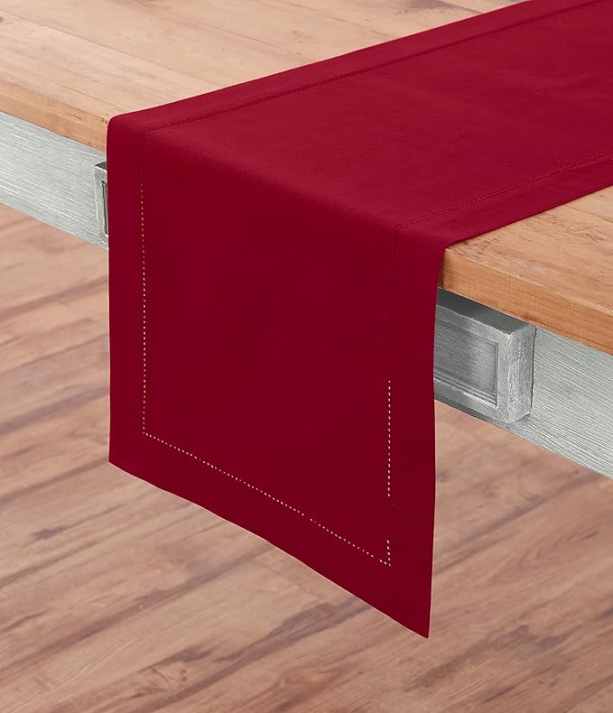 Solino Home Cotton Linen Red Table Runner 120 Inches Long - Hemstitch 14 x 120 Inch Table Runner for Winter, Christmas, Holiday, New Year